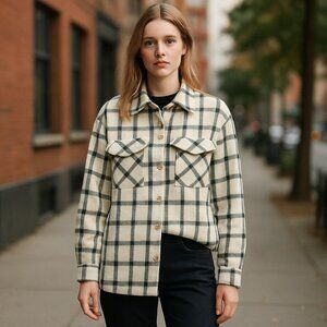 NWT Zara Plaid Overshirt Jacket Green Cream Relax Fit Bloggers Fav S